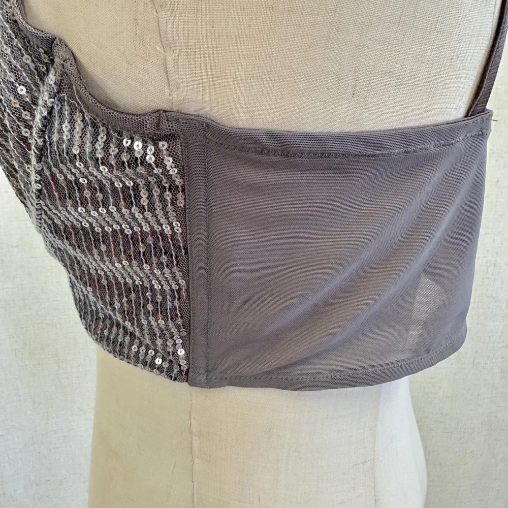 Moda International Sequin Bustier Crop Top Charcoal Grey Corset Bralette Size 12